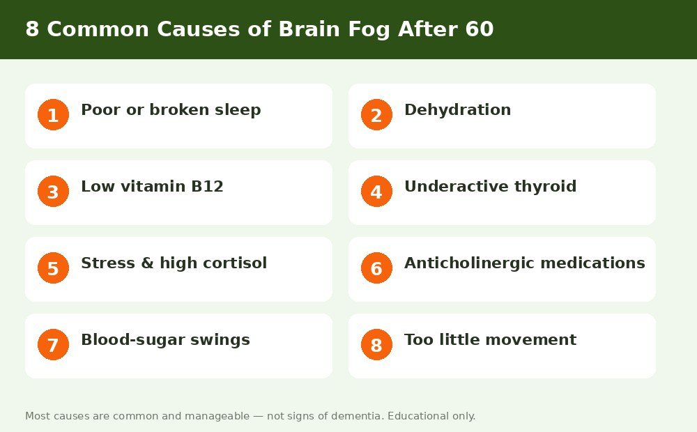 The eight most common causes of brain fog after 60 — sleep, dehydration, B12, thyroid, stress, medications, blood sugar and inactivity